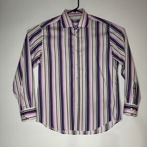 Bugatchi Flip Cuff Dress Shirt Striped Button up Long Sleeve Men's XL shaped fit